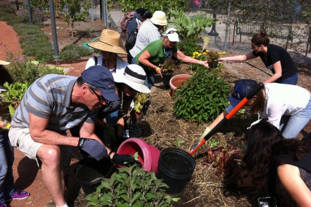 Class participants planting in the Edible Garden