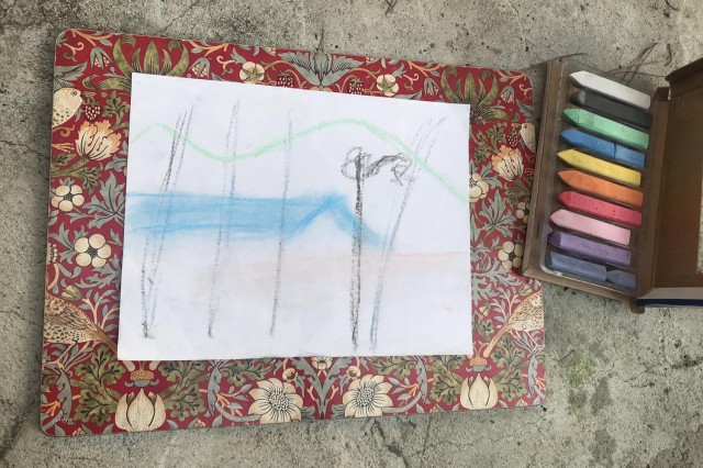 Rough sketch with colors showing outlines of palm trees and color blocks
