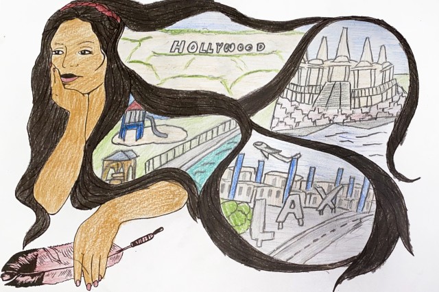 drawing of a woman with flowing hair, in between sections of hair are vignettes: the Hollywood sign, a playground, LAX, a stadium 