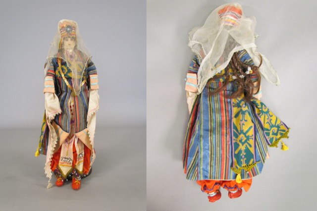 pair of images showing front and back of a cloth and fabric doll 