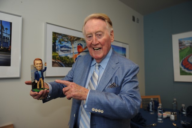 Real Vin Scully with Bobblehead Vin Scully