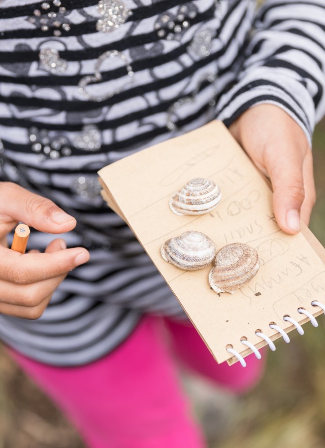 A child holds a small notebook with shells on top and a pencil.