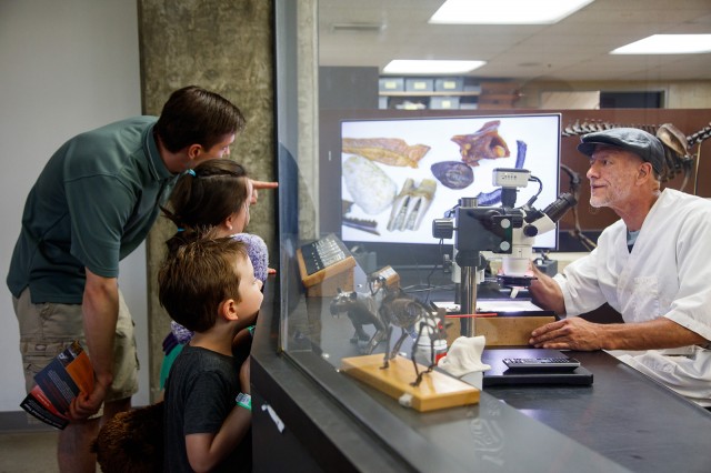 Photograph of people looking at the Tar Pits Fossil Lab