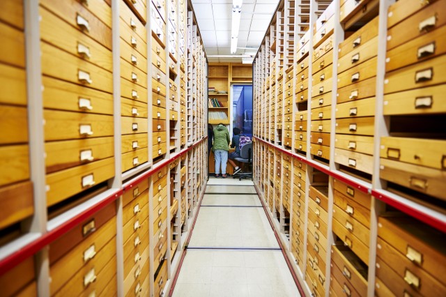hallway of drawers in collections room