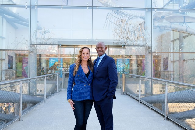 Celia and Joe Ward-Wallace in front of the Otis Booth Pavilion at the Natural History Museum of Los Angeles County