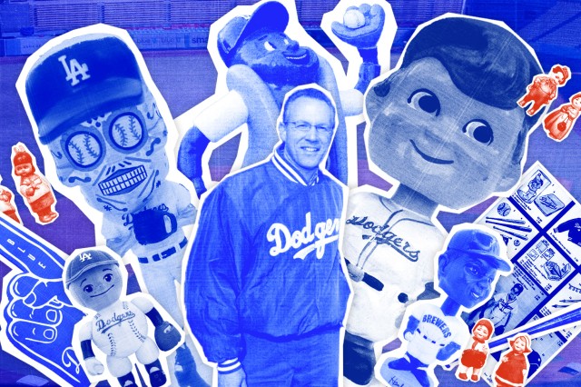 collage image with Mark Langill and Dodger Bobbleheads 