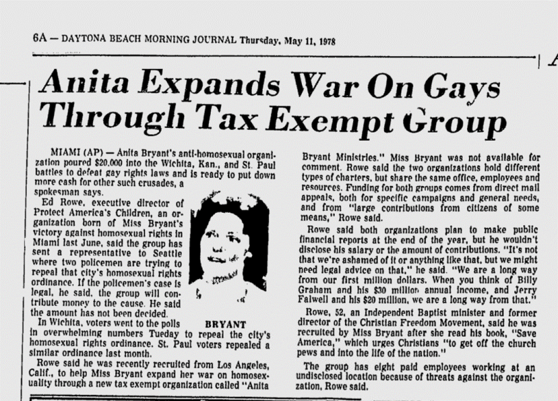 Article clipping with headline &quot;Anita Expands War on Gays Through Tax Exempt Group&quot;
