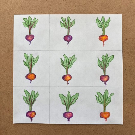 A square sheet of paper divided into 9 squares, with a drawing of a red or golden beet in each square.